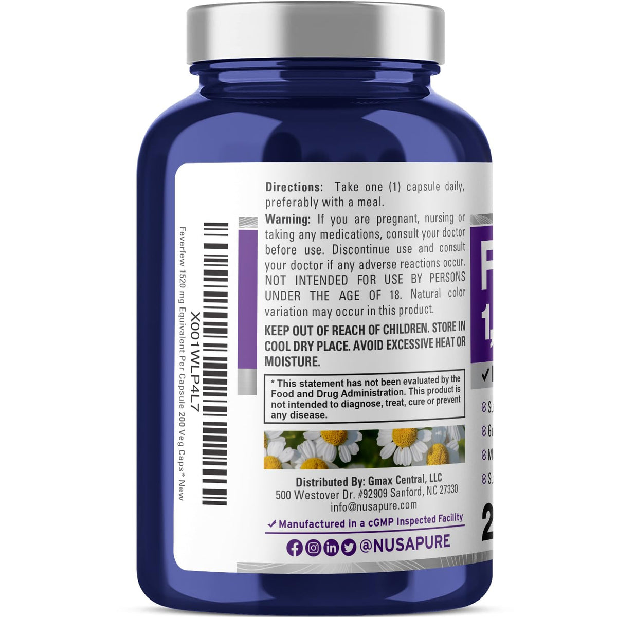 NusaPure Feverfew Extract 4:1 - Suitable for Vegetarian/Vegan, Non - GMO - 1520mg 200 Capsules NusaPureBuy Supplements Australia