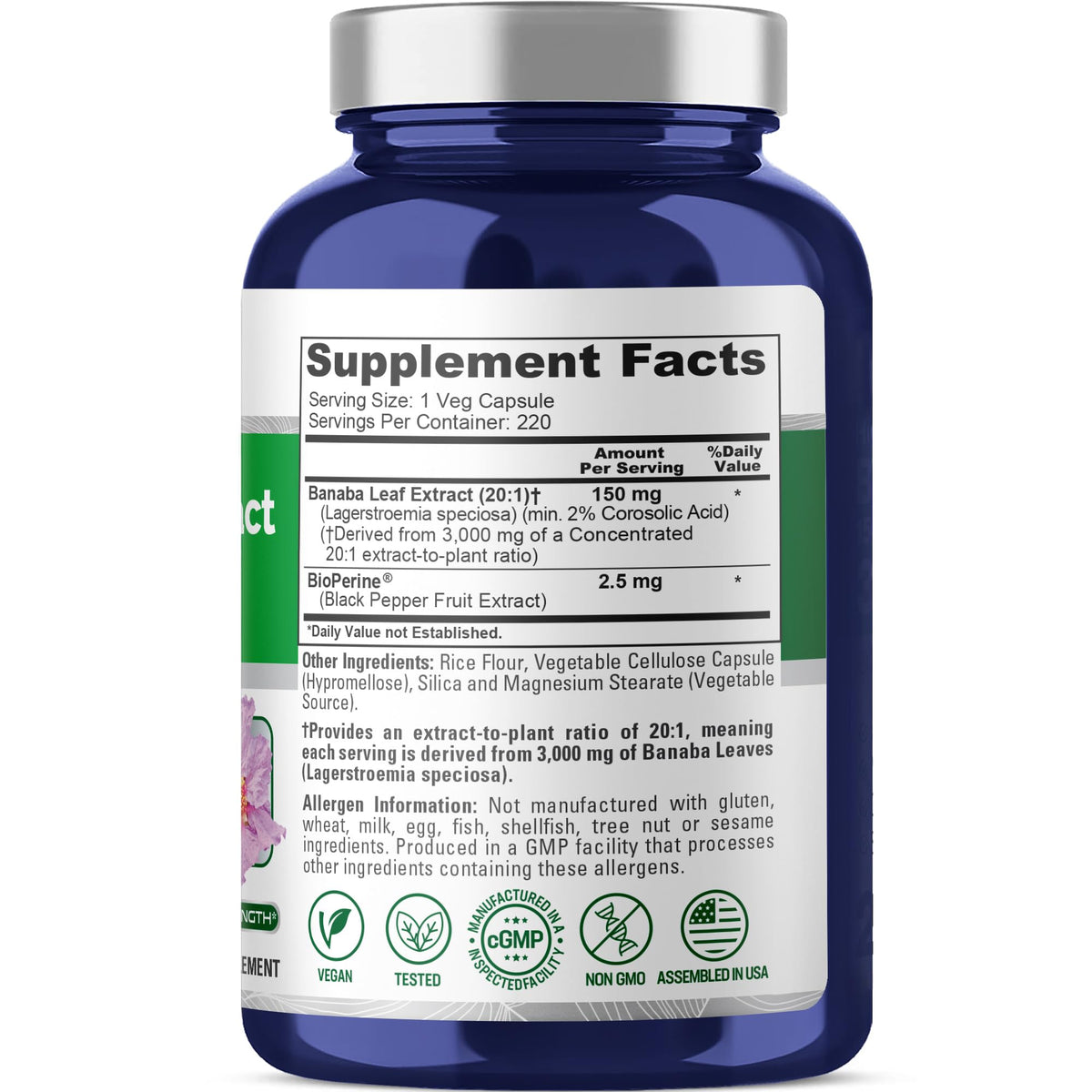 NusaPure Banaba Leaf 20:1 Extract, 150 mg Equivalent to 3,000mg Veg Caps, 220 Days Supply (Non-GMO & Vegan) 2% Corosolic Acid NusaPureBuy Supplements Australia