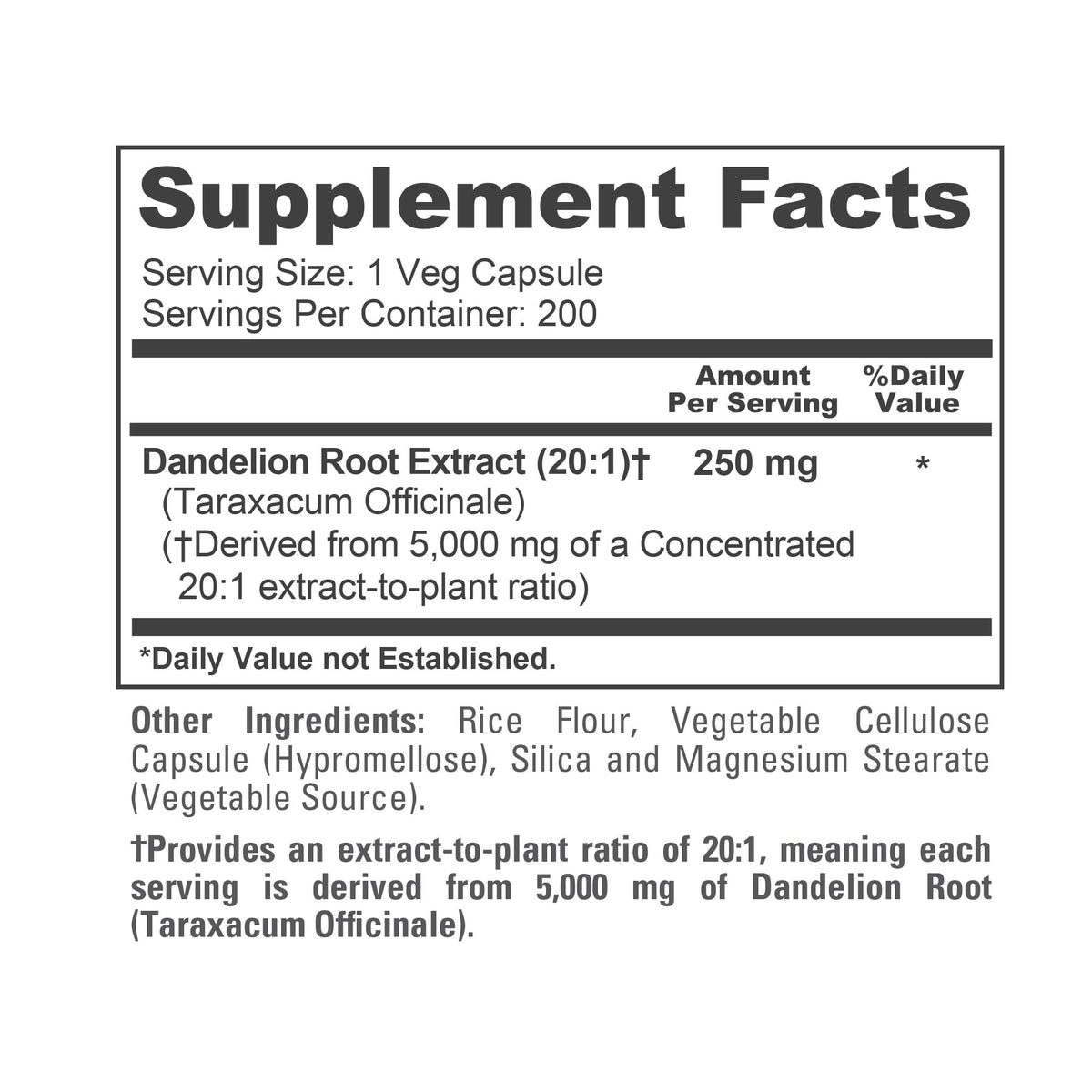 NusaPure Dandelion Root 20:1 Extract, 250 mg Equivalent to 5000mg 200 Veg Capsules (Vegan, Non-GMO) NusaPureBuy Supplements Australia
