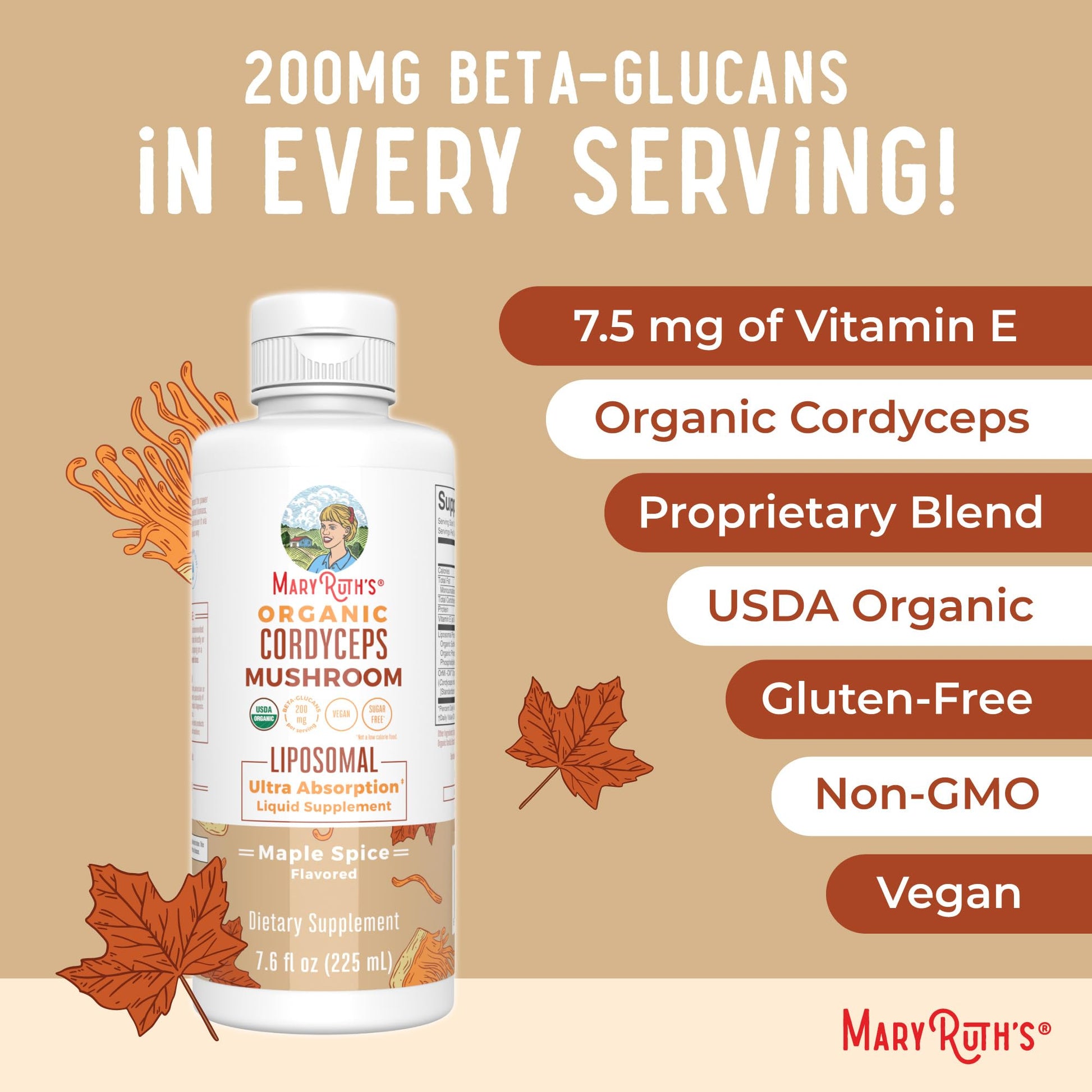 MaryRuth Organics Cordyceps Mushroom Supplement | Ultra Absorption Liposomal | Full Spectrum Mushroom | 200mg Beta-Glucans Per Serving | USDA Organic | Vegan | 7.6 oz | 15 Servings MARYRUTH'SBuy Supplements Australia