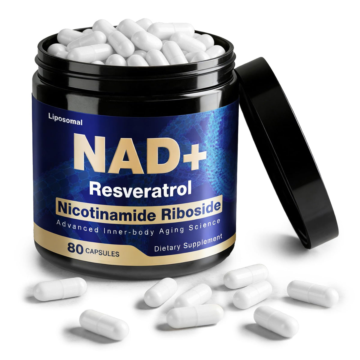 Supplement container labeled NAD+ Resveratrol with white capsules on a white background
