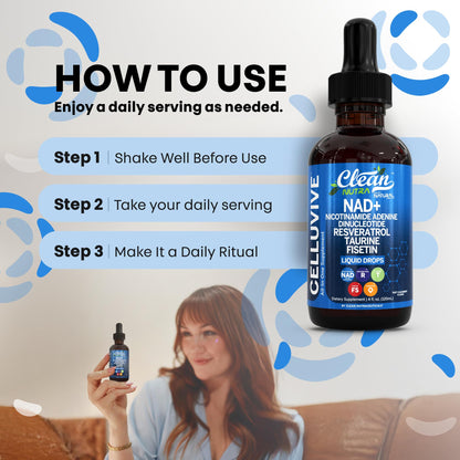 Clean Nutra NAD Liquid Supplement Drops Resveratrol Polyphenols Liposomal Taurine Fisetin Grape Seed Extract Japanese Knotweed Fo Ti Anti Aging NAD+ Nicotinamide Adenine Dinucleotide for Women & Men Clean NutraceuticalsBuy Supplements Australia