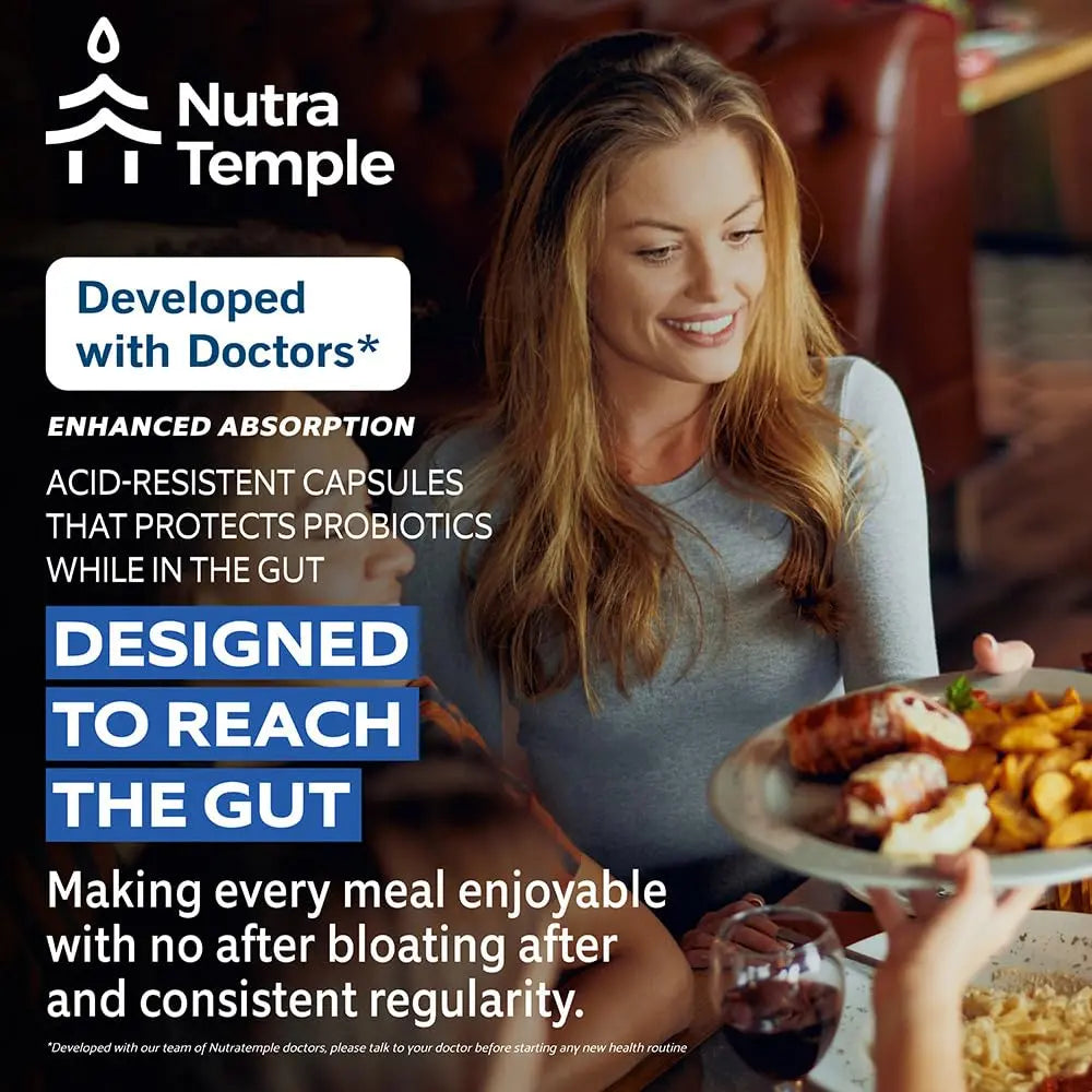 NUTRATEMPLE 4 in 1 Pre Post Probiotics & Digestive Enzymes for Women & Men - Digestive Health, Gut & Immune Support for Occasional Constipation, Diarrhea, Gas & Bloating – 60 Veggie Capsules NUTRATEMPLEBuy Supplements Australia