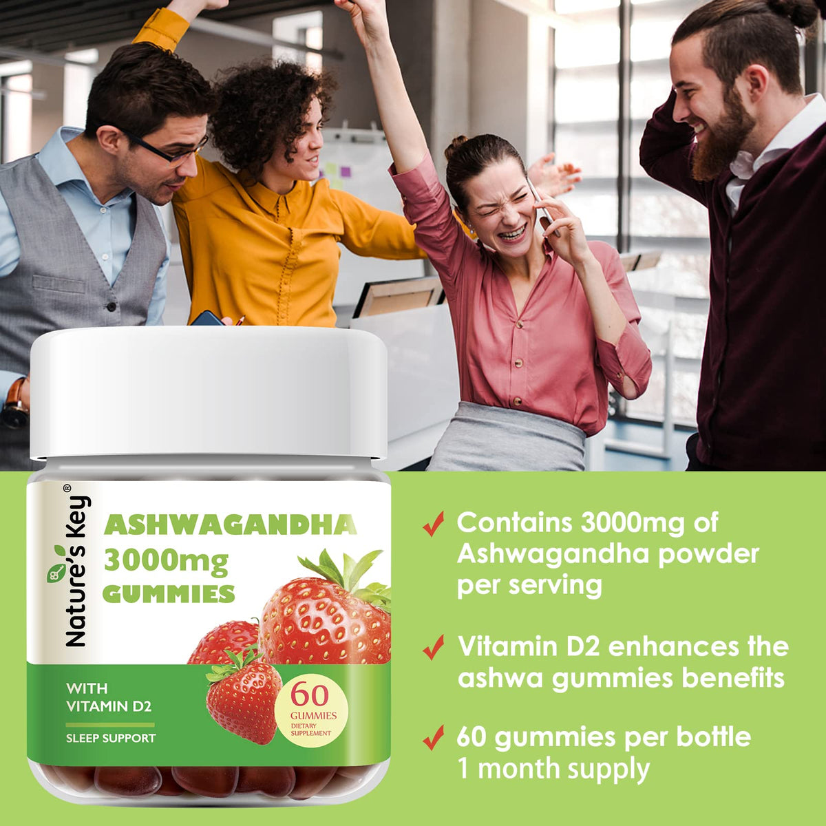 Nature's Key Ashwagandha Gummies, 3000mg High Potency Ashwagandha Root Extract with Vitamin D2, Stress, Calm Mood & Cognition, for Men & Women, Strawberry Flavor (60 Count (Pack of 1) Nature's KeyBuy Supplements Australia