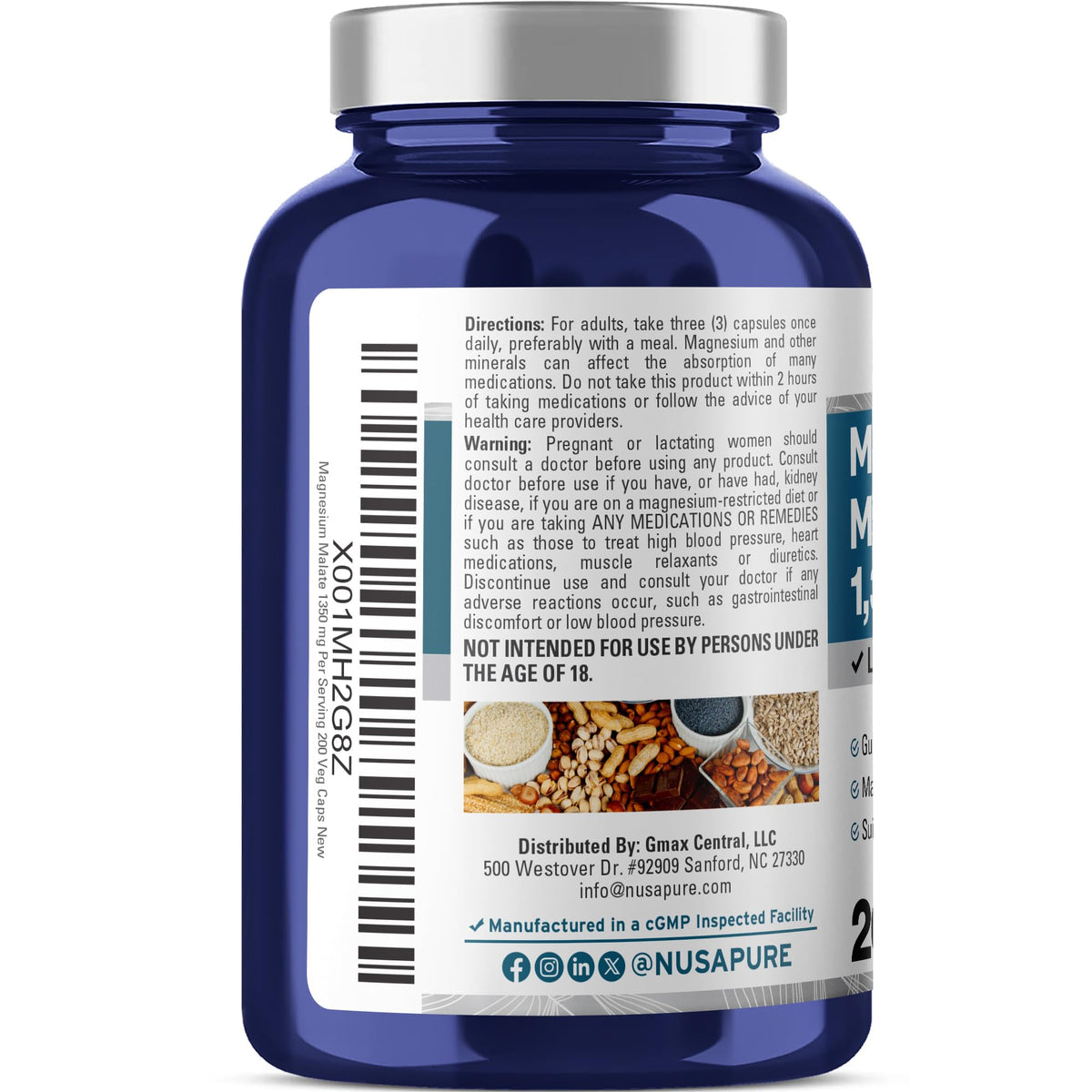 NusaPure Magnesium Malate 1350mg 200 Veggie Capsules (Vegan, Non-GMO, Vegan) NusaPureBuy Supplements Australia