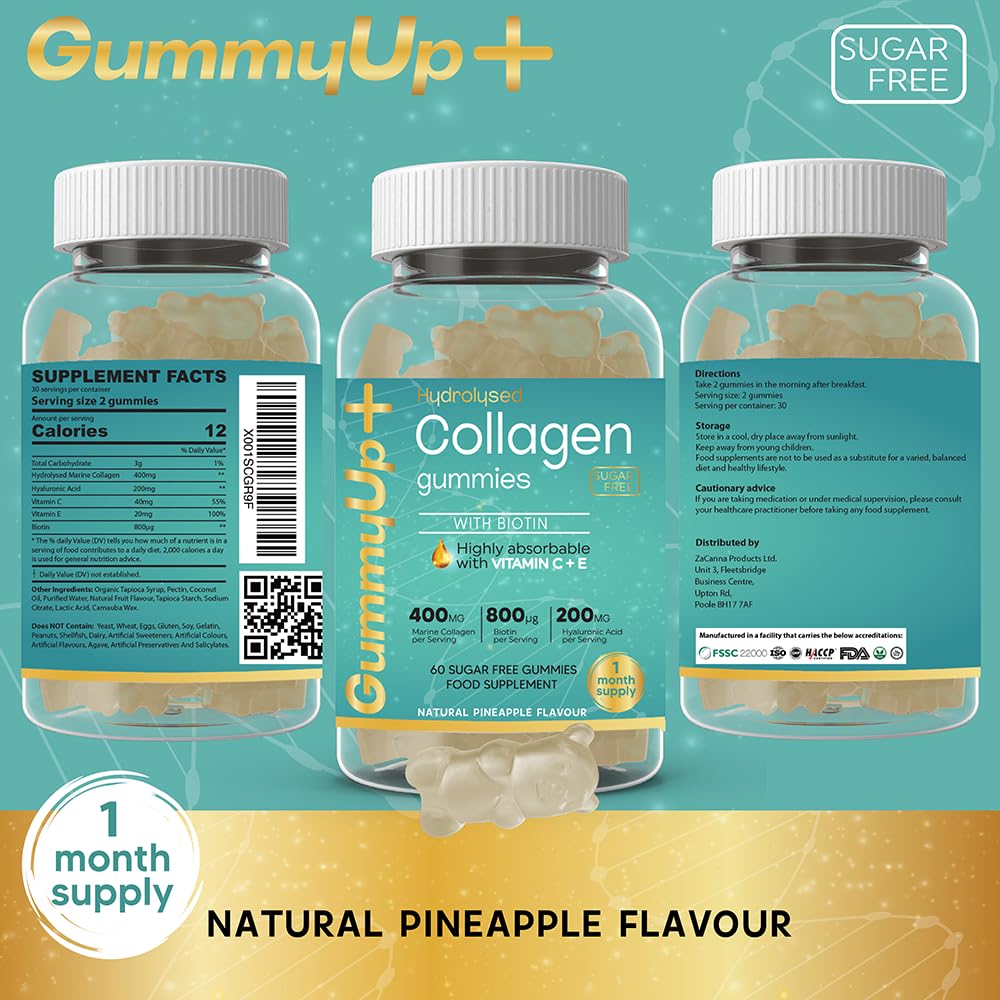 Hydrolysed Collagen Gummies with Biotin, 60 Sugar Free Natural Pineapple Flavoured Gummies ZA ZACANNABuy Supplements Australia