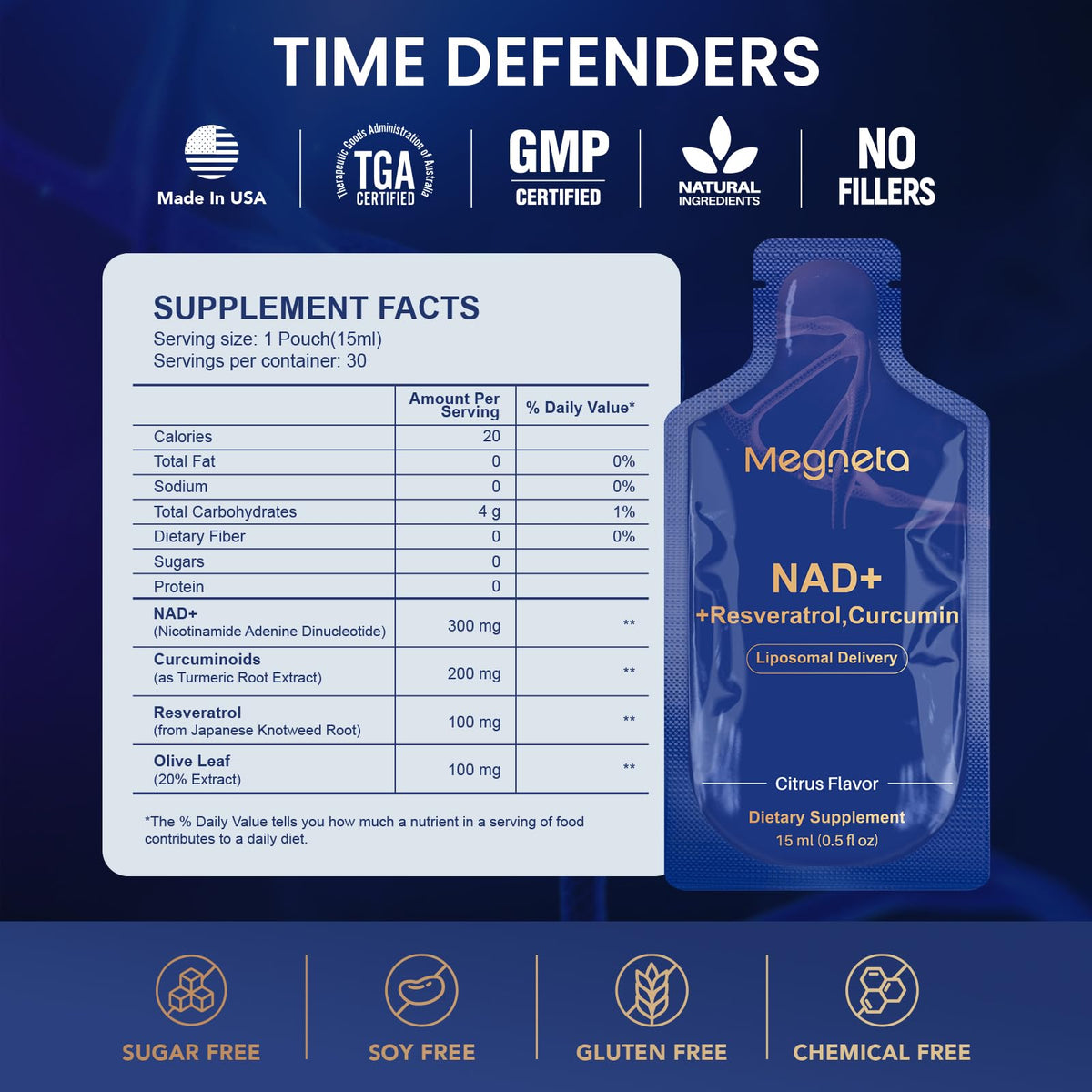 MEGNETA Liposomal NAD+ Supplement with Resveratrol, Anti-Aging, Energy Boost & Cellular Health Support, 15.2 fl. oz NAD Liquid for Men & Women (30 Pouch) MEGNETABuy Supplements Australia