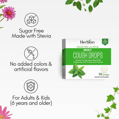 HERBION Naturals Cough Drops, Sugar Free with Stevia, Dietary Supplement, Soothes Cough, for Adults & Children Over 6 Years, 18 Count, Mint, Pack of 1 HERBION buy supplements Au