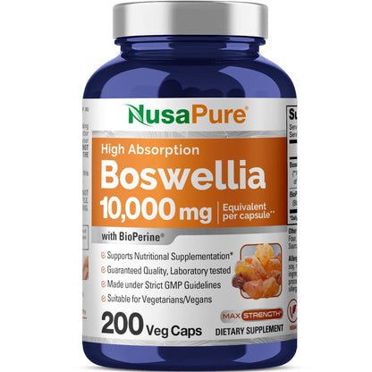 NusaPure Boswellia Serrata 10,000 mg Per Veggie Caps 200 Count (Ext. 20:1, Non-GMO, Vegan, Bioperine) Ayurvedic Herb: Indian Olibanum, Frankincense NusaPureBuy Supplements Australia