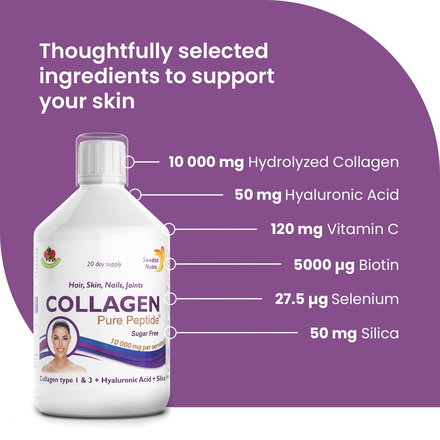 Swedish Nutra Liquid Bovine Collagen - Pack of 500ml, 20 Day Supply | Sugar Free Berry Flavour Swedish NutraBuy Supplements Australia
