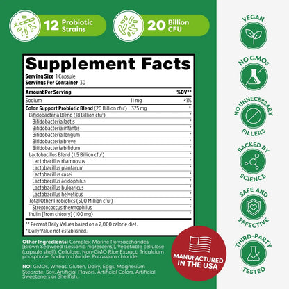 Probulin Colon Support Probiotic Supplement, Daily Gut, Digestive, and Immune Health Probiotics Capsules for Men and Women, 20 Billion CFU, Vegan, 30 Count Bottle ProbulinBuy Supplements Australia
