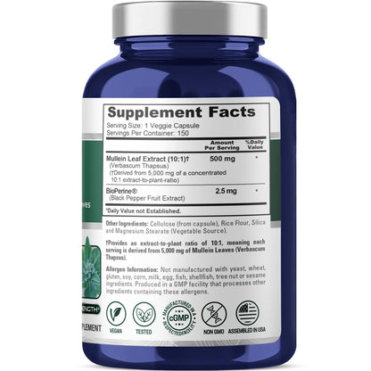 NusaPure Mullein Leaf Capsules 10:1 Extract, 500 mg Equivalent to 5,000 mg per Veggie Caps - 150 Count - Verbascum Thapsus (Non-GMO, Vegan) Dietary Supplement NusaPureBuy Supplements Australia