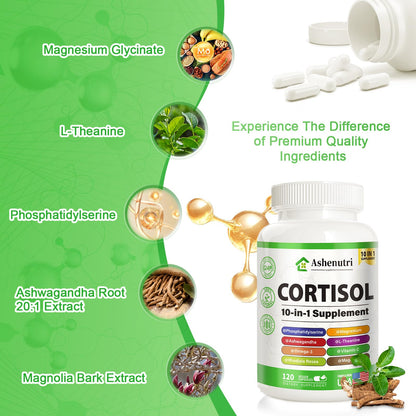 Ashenutri 10-in-1 Cortisol Supplement with Magnesium,Ashwagandha,Rhodiola Rosea,L Theanine,Hormone Balance for Women 120 Vegan Capsules AshenutriBuy Supplements Australia
