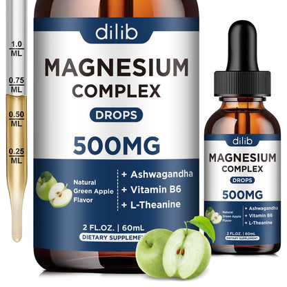 Triple Magnesium Complex Supplement-Magnesium Glycinate, Citrate, Malate Liquid Drops 500mg with Ashwagandha, L-Theanine, B6 for Calm, Stress Relief, Sleep, Muscle Support-Green Apple Flavor dilibBuy Supplements Australia