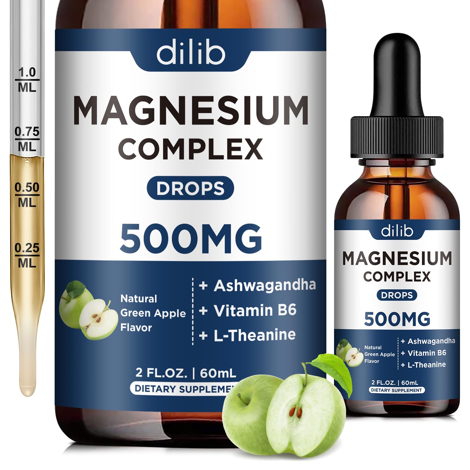 Triple Magnesium Complex Supplement-Magnesium Glycinate, Citrate, Malate Liquid Drops 500mg with Ashwagandha, L-Theanine, B6 for Calm, Stress Relief, Sleep, Muscle Support-Green Apple Flavor dilibBuy Supplements Australia