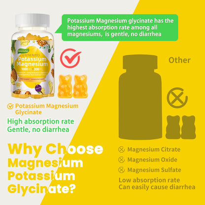 Potassium Magnesium Gummies,High Absorption Magnesium Glycinate,B6,D3,Potassium Citrate for Leg Cramps,Muscle,Electroyte for Adults Kids,Sugar-Free, 60 Gummies (Pineapple) WekannufodBuy Supplements Australia