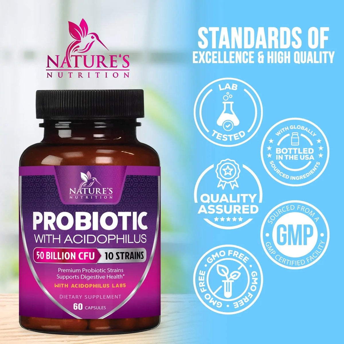 Probiotics 50 Billion CFU per Serving - 10 Strains + Prebiotics - Digestive Health, Gut & Immune Support - Supports Occasional Constipation, Gas & Bloating for Women & Men Shelf Stable - 60 Capsules Nature's NutritionBuy Supplements Australia