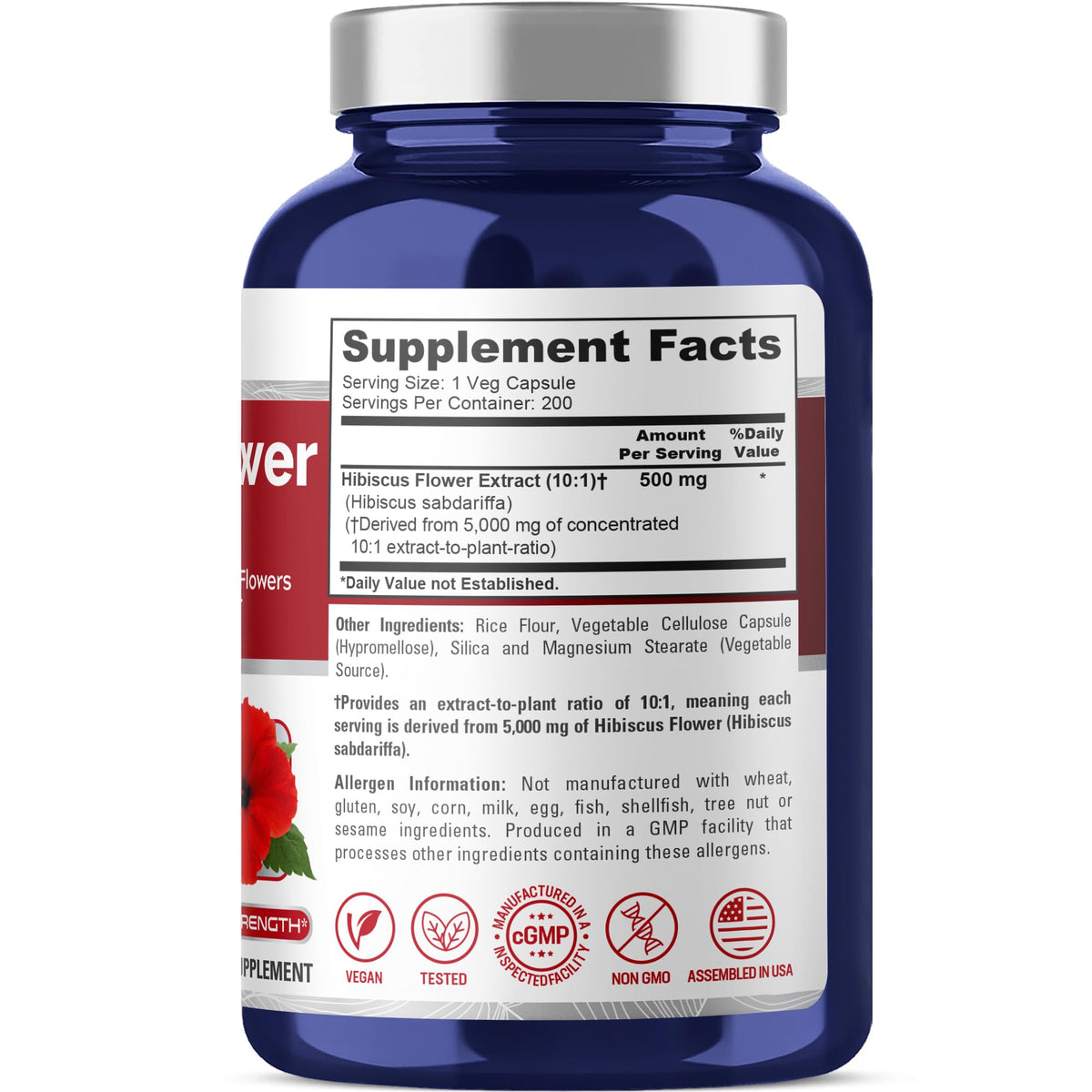 NusaPure Hibiscus Flower 10:1 Extract, 500 mg Equivalent to 5000mg 200 Vegetarian Caps (Non-GMO, Vegan) NusaPureBuy Supplements Australia