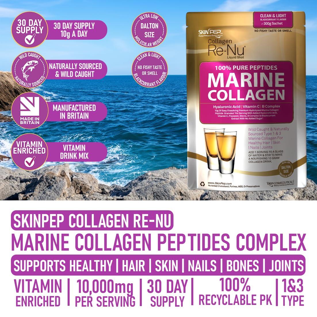 Premium Hydrolysed Marine Collagen Peptide Powder + VIT C, B Complex Hyaluronic Acid, & Stevia. Delicious Taste/No Fishy Smell - SkinPep® Collagen Re-Nu 300g - 30 Days Supply SkinPepBuy Supplements Australia