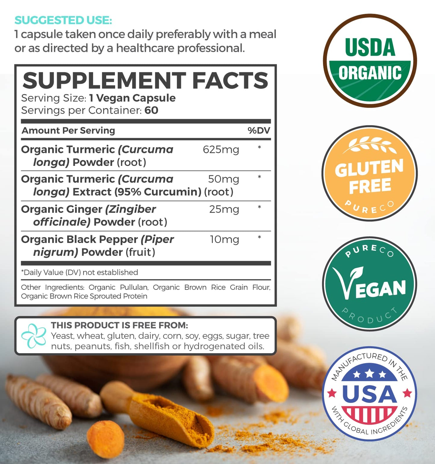 USDA Organic Turmeric Curcumin with Black Pepper and Ginger (2 Month Supply) PURE COBuy Supplements Australia
