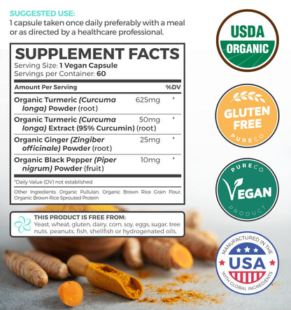 USDA Organic Turmeric Curcumin with Black Pepper and Ginger (2 Month Supply) PURE COBuy Supplements Australia