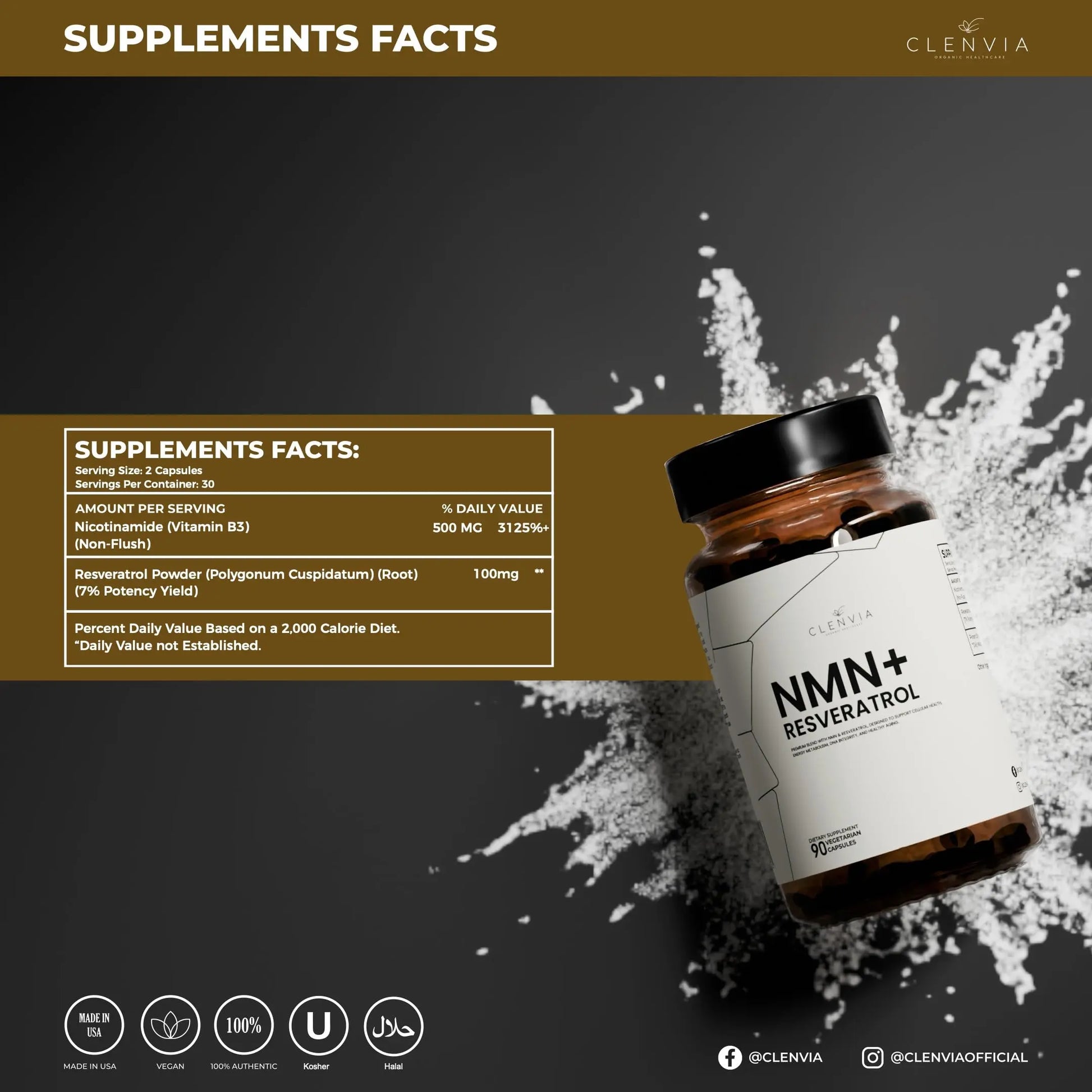 CLENVIA Premium NMN Supplement with Resveratrol – High Potency NAD+ Support Formula – >99.7% Purity – Third-Party Tested – Made in USA – 500mg Nicotinamide + 100mg Resveratrol – 90 Capsules CLENVIABuy Supplements Australia