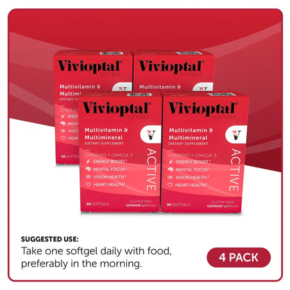 Vivioptal Active, 90 Softgels (1 Year Supply), Ginseng & Omega 3, Multivitamin & Multimineral, Gluten Free, German Formula Vivioptal VitaminsBuy Supplements Australia