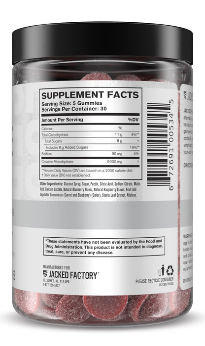 Jacked Factory Creatine Gummies 5g Daily Dose (1g per Gummy) - Creatine Gummy for Men and Women, Vegan-Friendly, Travel-Friendly, Third-Party Tested - 150 Gummies, Blue Raspberry Jacked FactoryBuy Supplements Australia