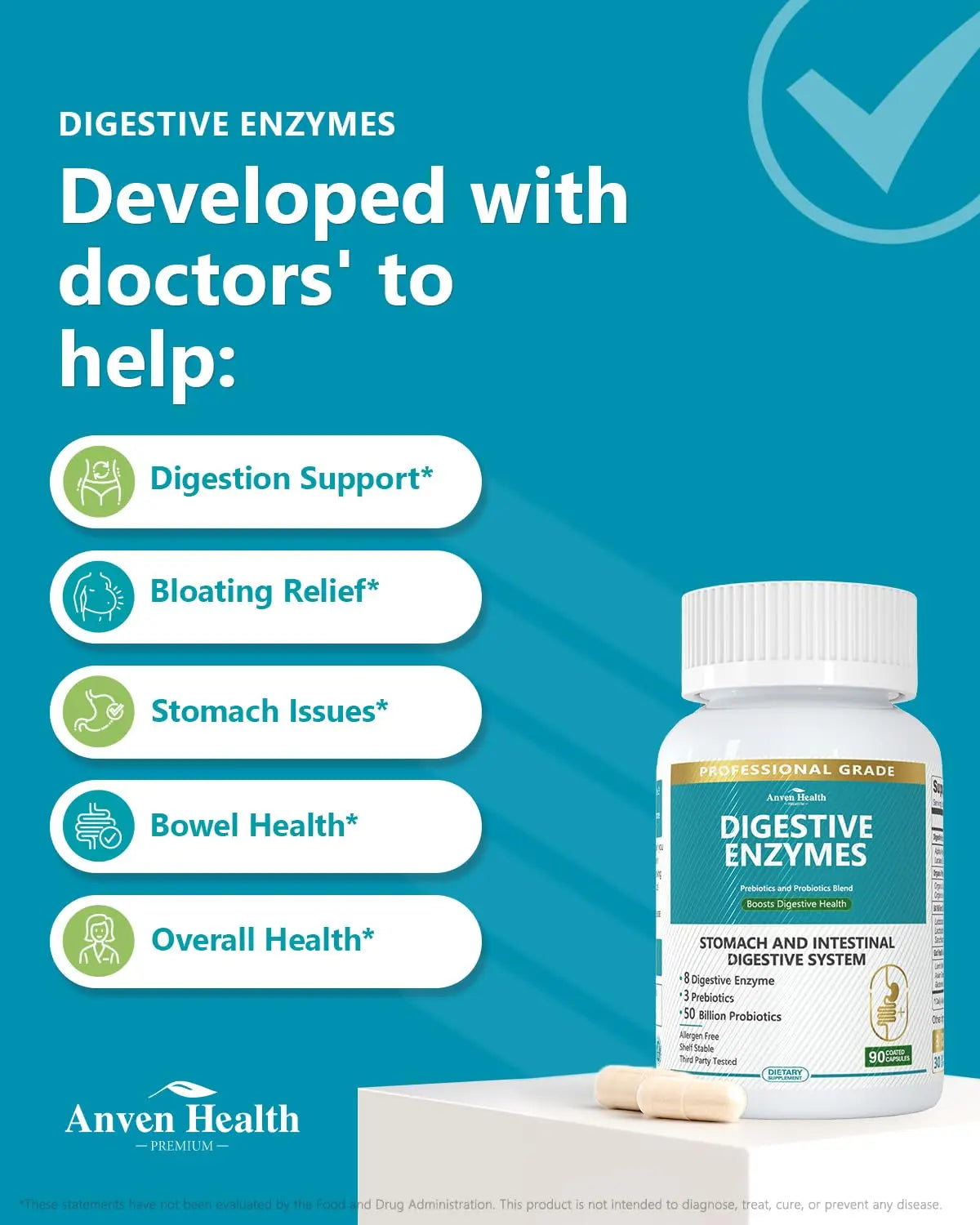 Anven Health 800mg Digestive Enzymes for Men and Women with Probiotics & Prebiotics, 8 Key Enzymes, Protease, Amylase & Lipase | 180 Capsules - A 60-Day Supply for Bloating & Gas Relief - Non-GMO Anven Health buy supplements Au