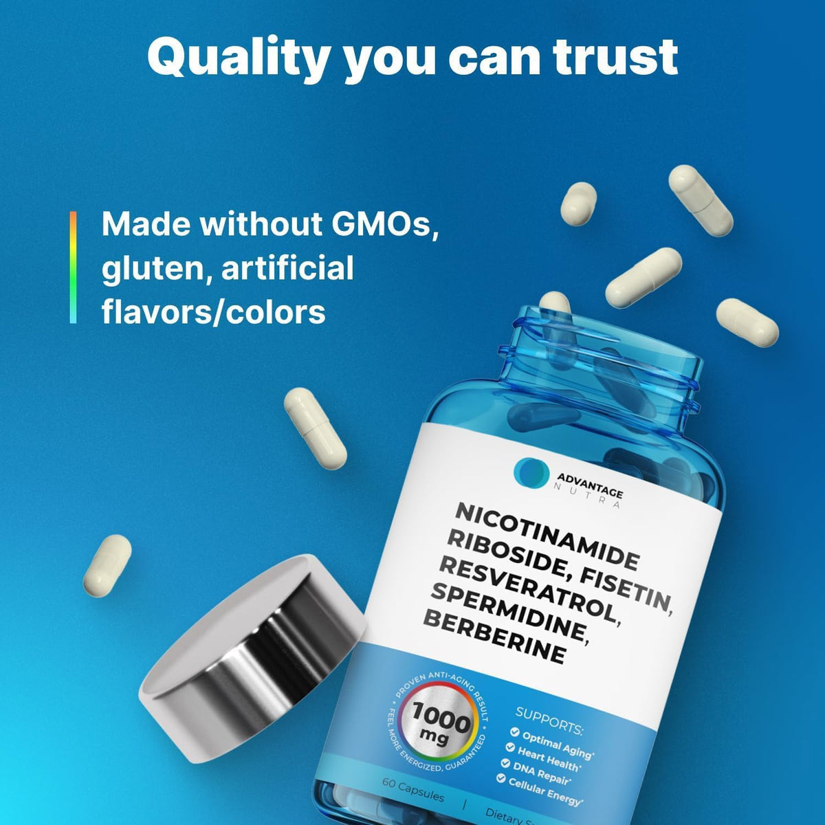 AdvantageNutra Liposomal Nicotinamide Riboside NR Supplement Resveratrol NAD : Nicotinamide 500mg w/Fisetin, Resveratrol Powder Spermidine Berberine NAD Resveratrol Supplement 500 mg - 60 caps 1 Pack AdvantageNutraBuy Supplements Australia