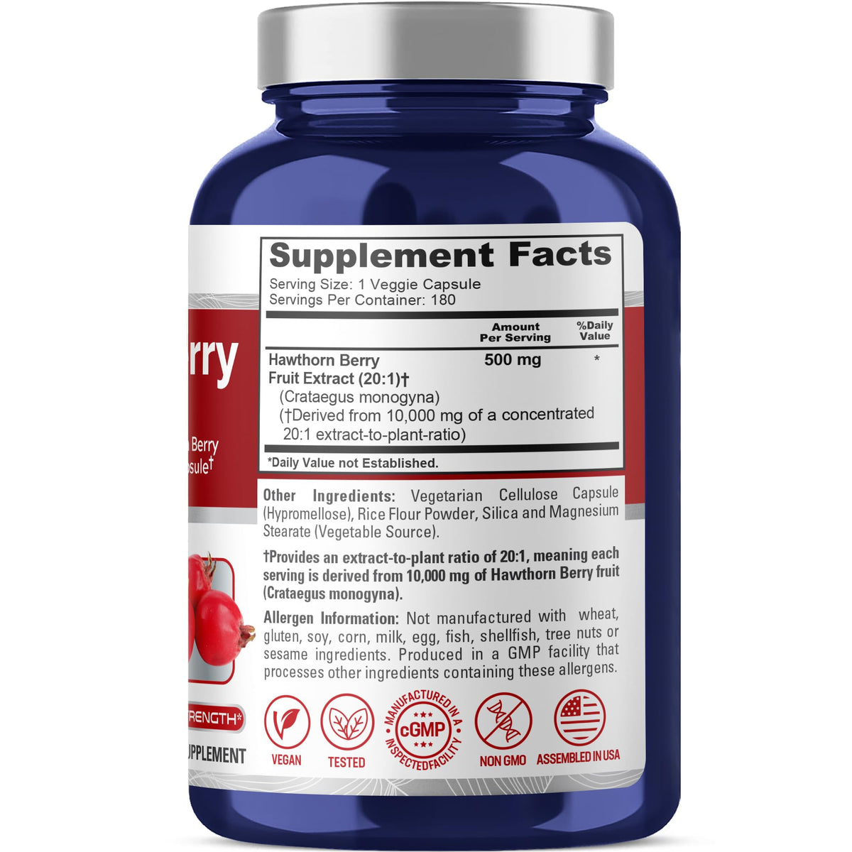 NusaPure Hawthorn Berry 20:1 Extract, 500 mg Equivalent to 10,000 mg 180 Veg Caps, Suitable for Vegetarians, Vegan, Non-GMO Dietary Supplement NusaPureBuy Supplements Australia