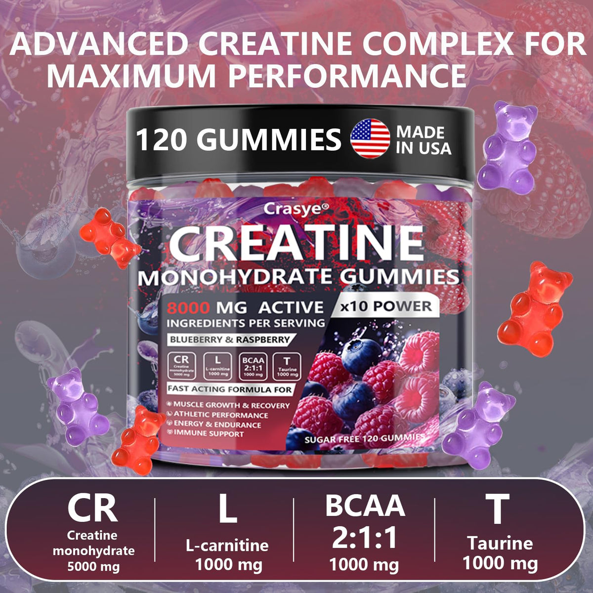 Crasye Creatine Gummies Complex 8000mg for Men and Women Creatine Monohydrate Gummy with BCAA Taurine for Muscle Strength and Energy Boost Sugar CrasyeBuy Supplements Australia