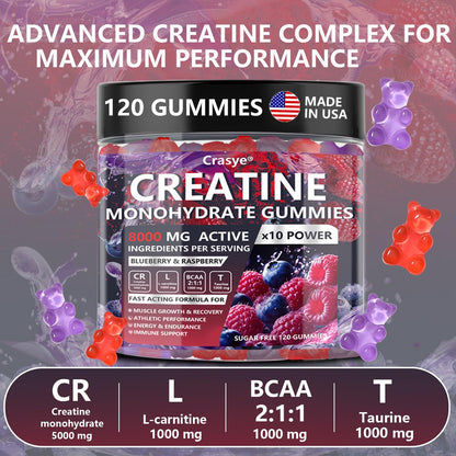 Crasye Creatine Gummies Complex 8000mg for Men and Women Creatine Monohydrate Gummy with BCAA Taurine for Muscle Strength and Energy Boost Sugar CrasyeBuy Supplements Australia