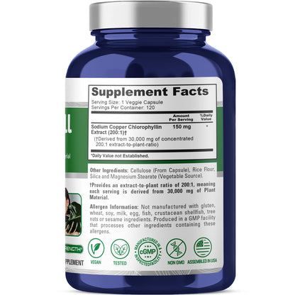 NusaPure Chlorophyll 200:1 Extract, 150 mg Equivalent to 30,000 mg per Capsule 120 Vegetarian Caps (Non-GMO, Vegan) NusaPureBuy Supplements Australia