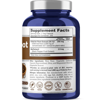 NusaPure Valerian Root 20:1 Extract, 250 mg Equivalent to 5000mg Per Veggie Caps, 250 Count, Vegan, Non-GMO, Bioperine NusaPureBuy Supplements Australia