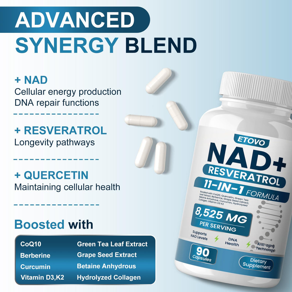 ETOVO NAD+ Supplement, 8525 mg Liposomal NAD Resveratrol Supplement for Women and Men with Coptisine Quercetin Curcumin Supports Cellular Health, Energy & Healthy Anti-Aging 180 Counts ETOVOBuy Supplements Australia