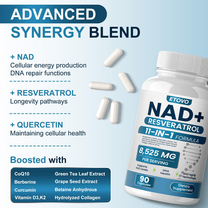 ETOVO NAD+ Supplement, 8525 mg Liposomal NAD Resveratrol Supplement for Women and Men with Coptisine Quercetin Curcumin Supports Cellular Health, Energy & Healthy Anti-Aging 180 Counts ETOVOBuy Supplements Australia