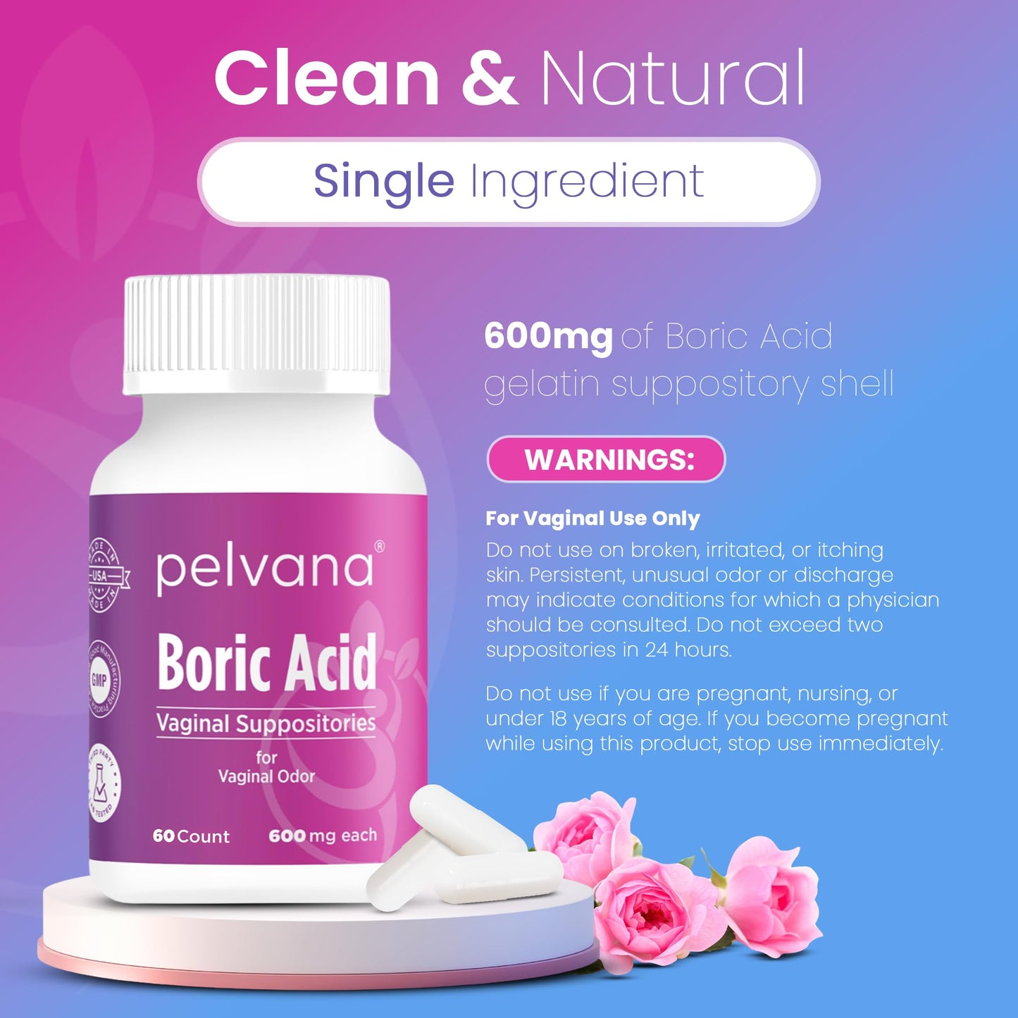 Pelvana Boric Acid Suppositories for Women - 60 Count - 600mg Boric Acid Capsules for Vaginal Odor Use PelvanaBuy Supplements Australia