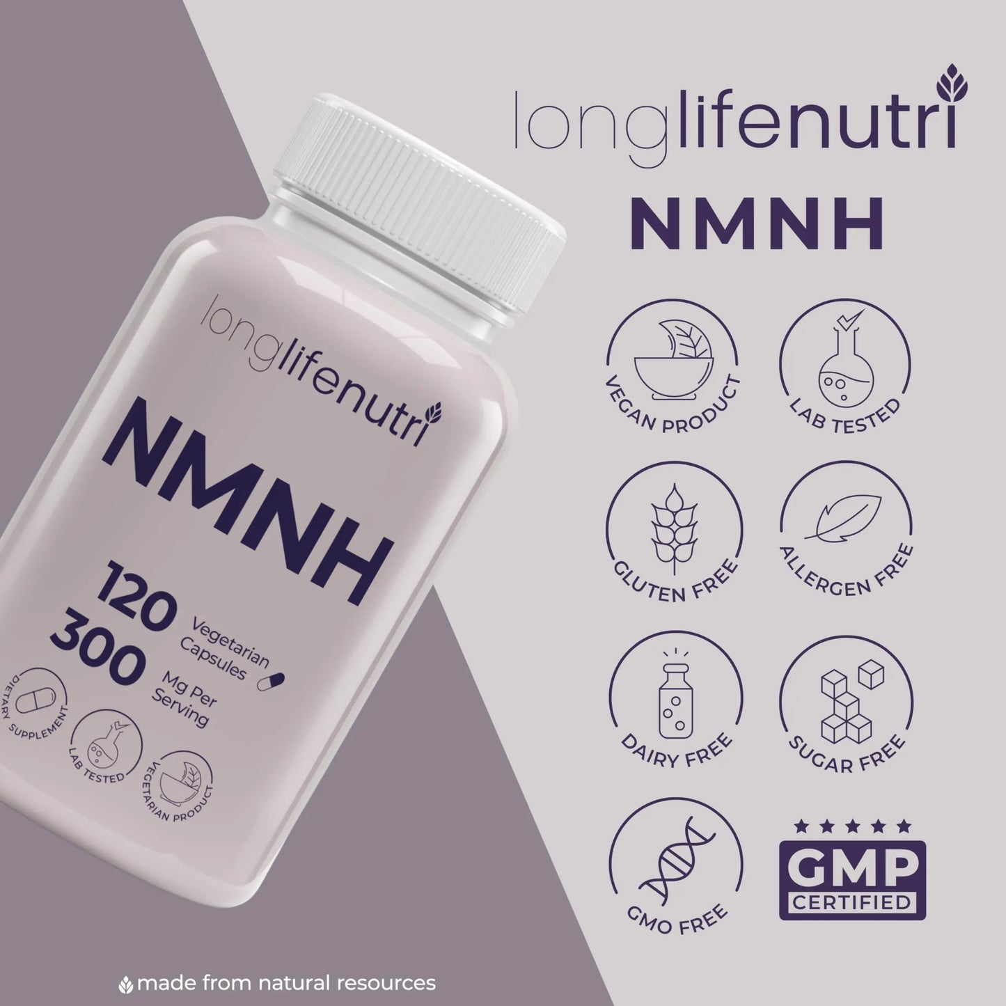 LongLifeNutri NMNH 300mg (Dihydronicotinamide Mononucleotide) - 120 Vegan Capsules, 2-Month Supply, NMN Alternative, NAD Supplement for Energy & Longevity, Lab Tested, Made in USA LongLifeNutriBuy Supplements Australia