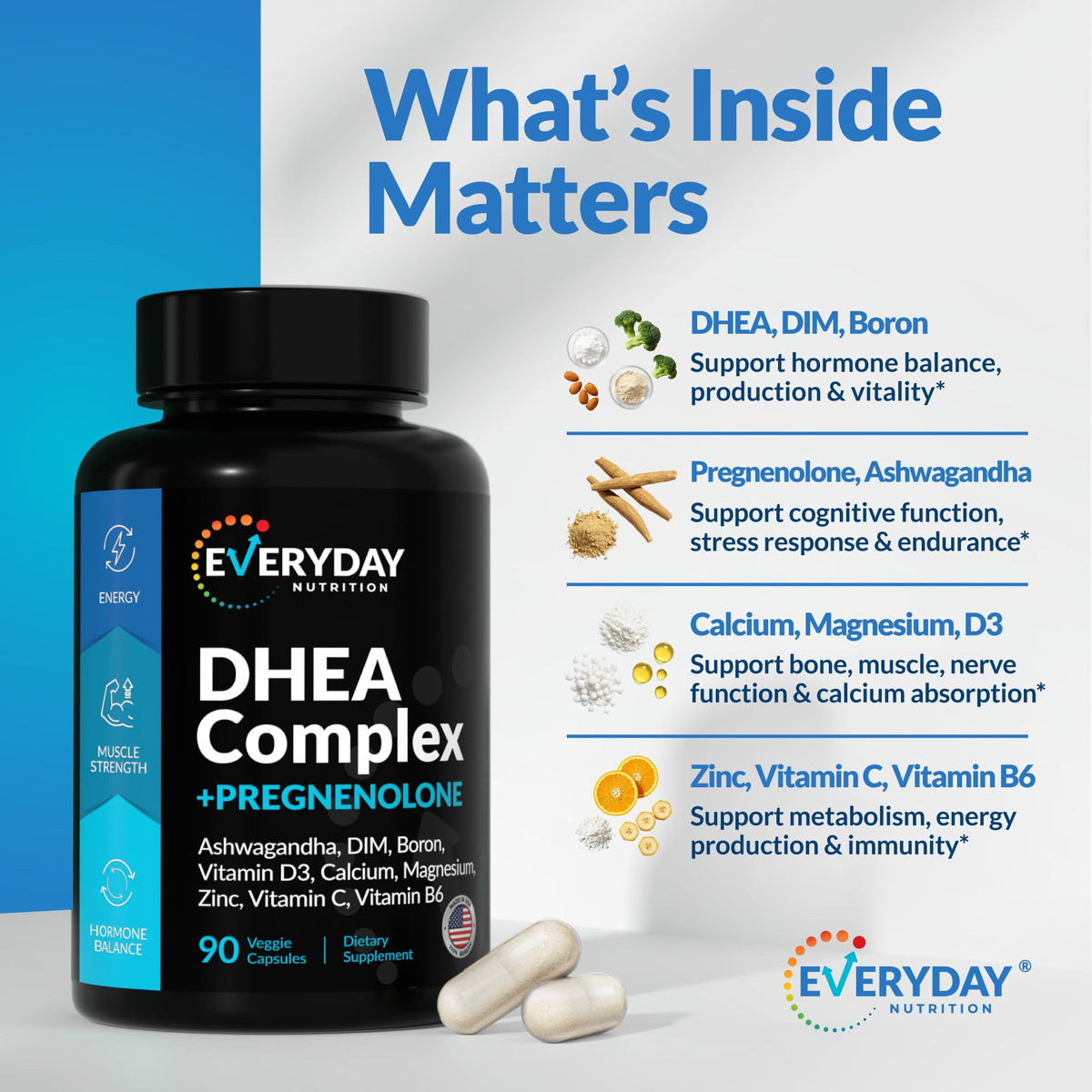 DHEA Micronized 200mg Complex with Pregnenolone 100mg Supplement for Men & Women with Ashwagandha, DIM, Magnesium, Boron, Calcium , Zinc, Vitamin D3, C and B6 Hormone Support - Made in USA 90 Capsules EVERYDAY NUTRITIONBuy Supplements Australia