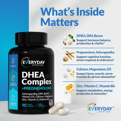 DHEA Micronized 200mg Complex with Pregnenolone 100mg Supplement for Men & Women with Ashwagandha, DIM, Magnesium, Boron, Calcium , Zinc, Vitamin D3, C and B6 Hormone Support - Made in USA 90 Capsules EVERYDAY NUTRITIONBuy Supplements Australia