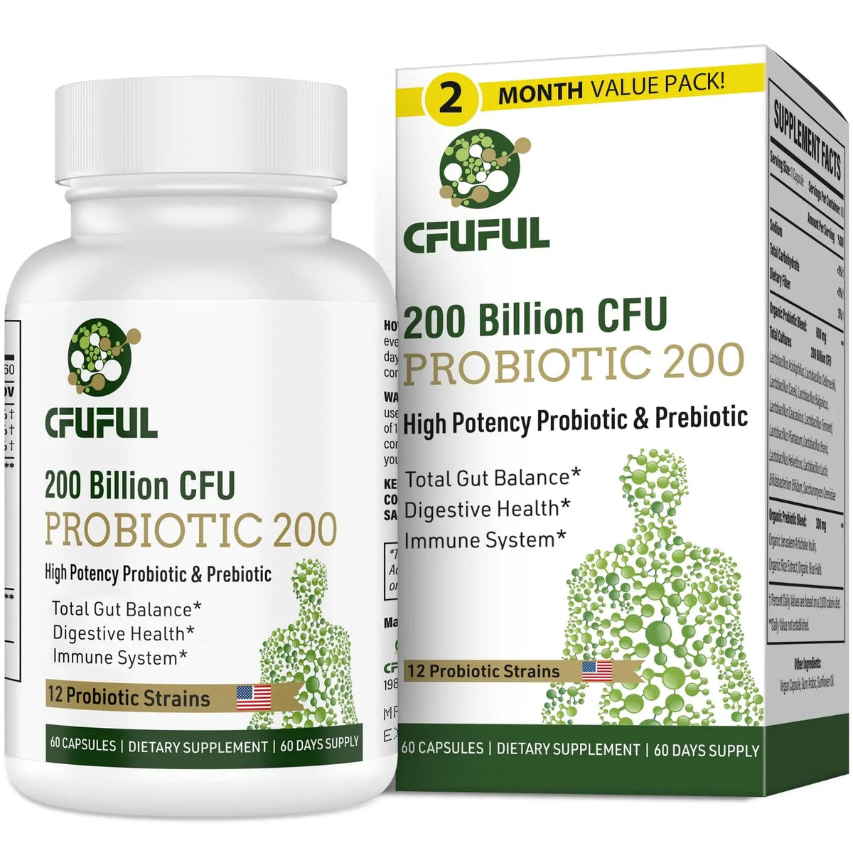 Probiotics for Women & Men, 200 Billion CFU 12 Strains with 3 Organic Prebiotics and Probiotics for Digestive Health Gut, Immune, Bloating & Gas, Energy, Overall Health, Shelf Stable - 2 Month Supply CfufulBuy Supplements Australia