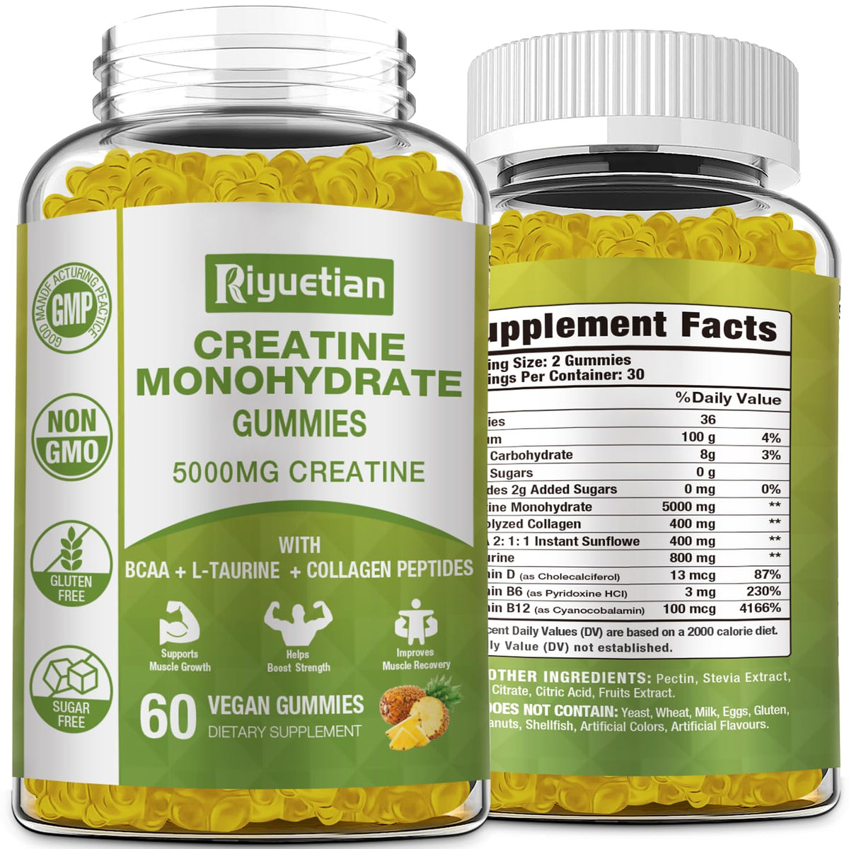 Riyuetian Creatine Monohydrate Gummies, Creatine for Men & Women, Chewable Creatine for Enhancing Focus and Endurance, 5g Creatine per Serving, Sugar-Free, 60 Count RiyuetianBuy Supplements Australia