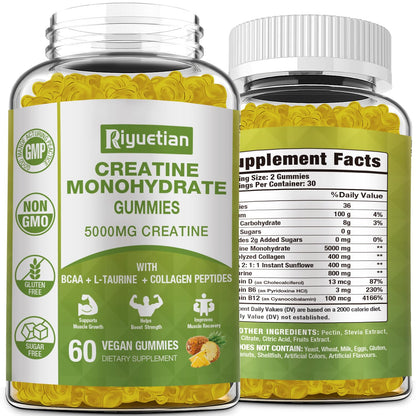 Riyuetian Creatine Monohydrate Gummies, Creatine for Men & Women, Chewable Creatine for Enhancing Focus and Endurance, 5g Creatine per Serving, Sugar-Free, 60 Count RiyuetianBuy Supplements Australia