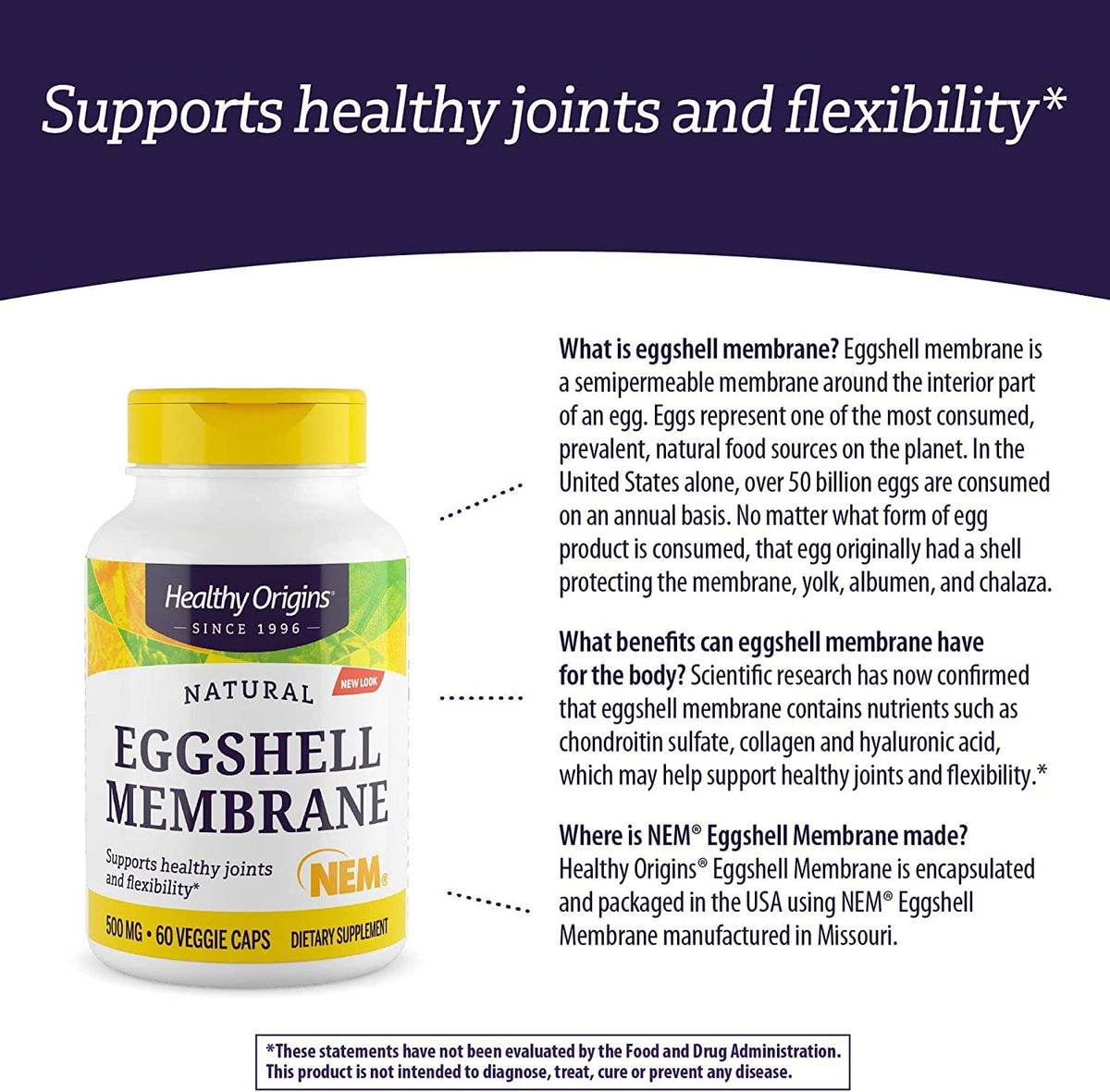 Healthy Origins Eggshell Membrane (NEM), 500 mg - Natural Collagen and Joint Support Healthy OriginsBuy Supplements Australia