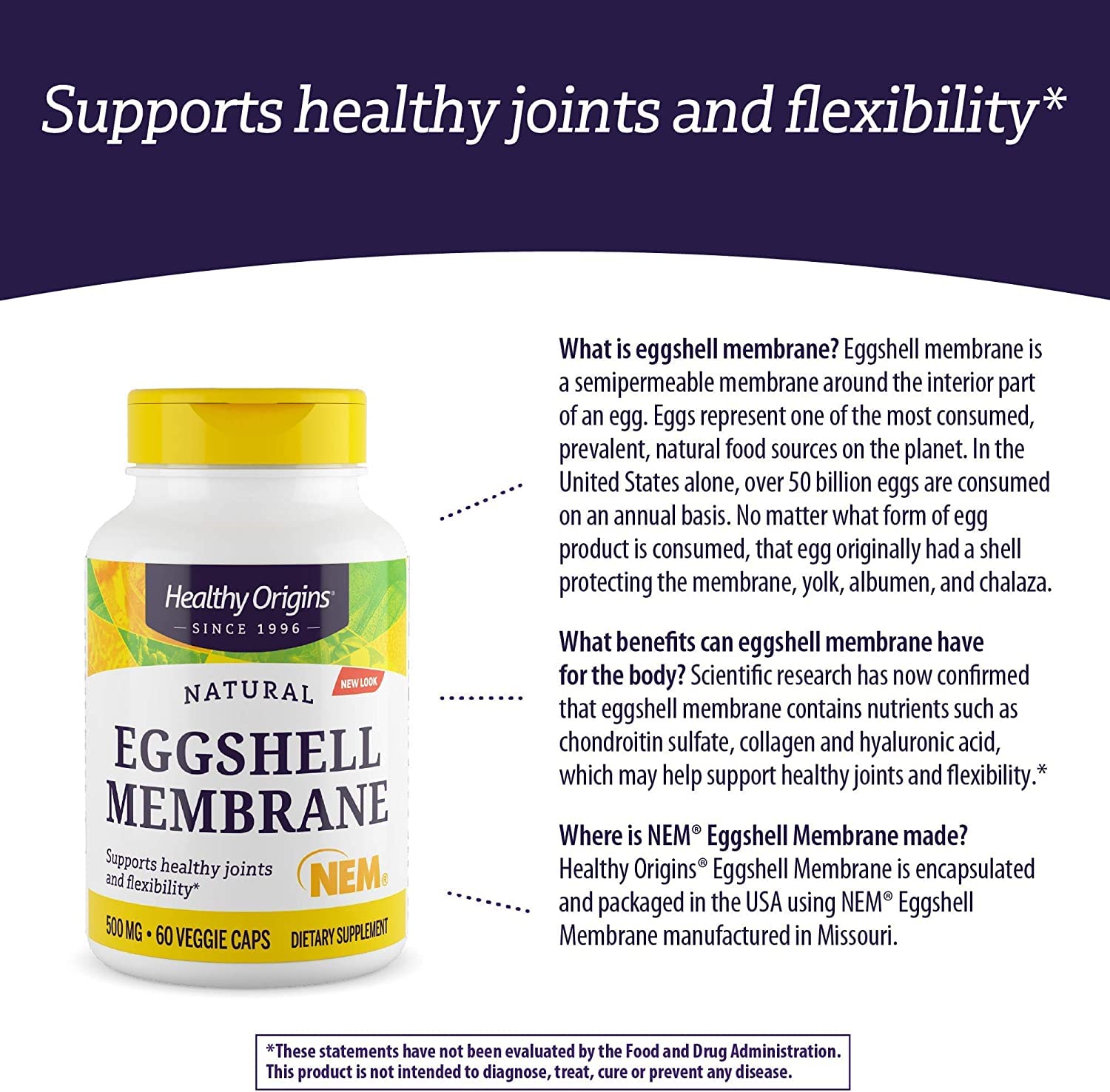 Healthy Origins Eggshell Membrane (NEM), 500 mg - Natural Collagen and Joint Support Healthy OriginsBuy Supplements Australia