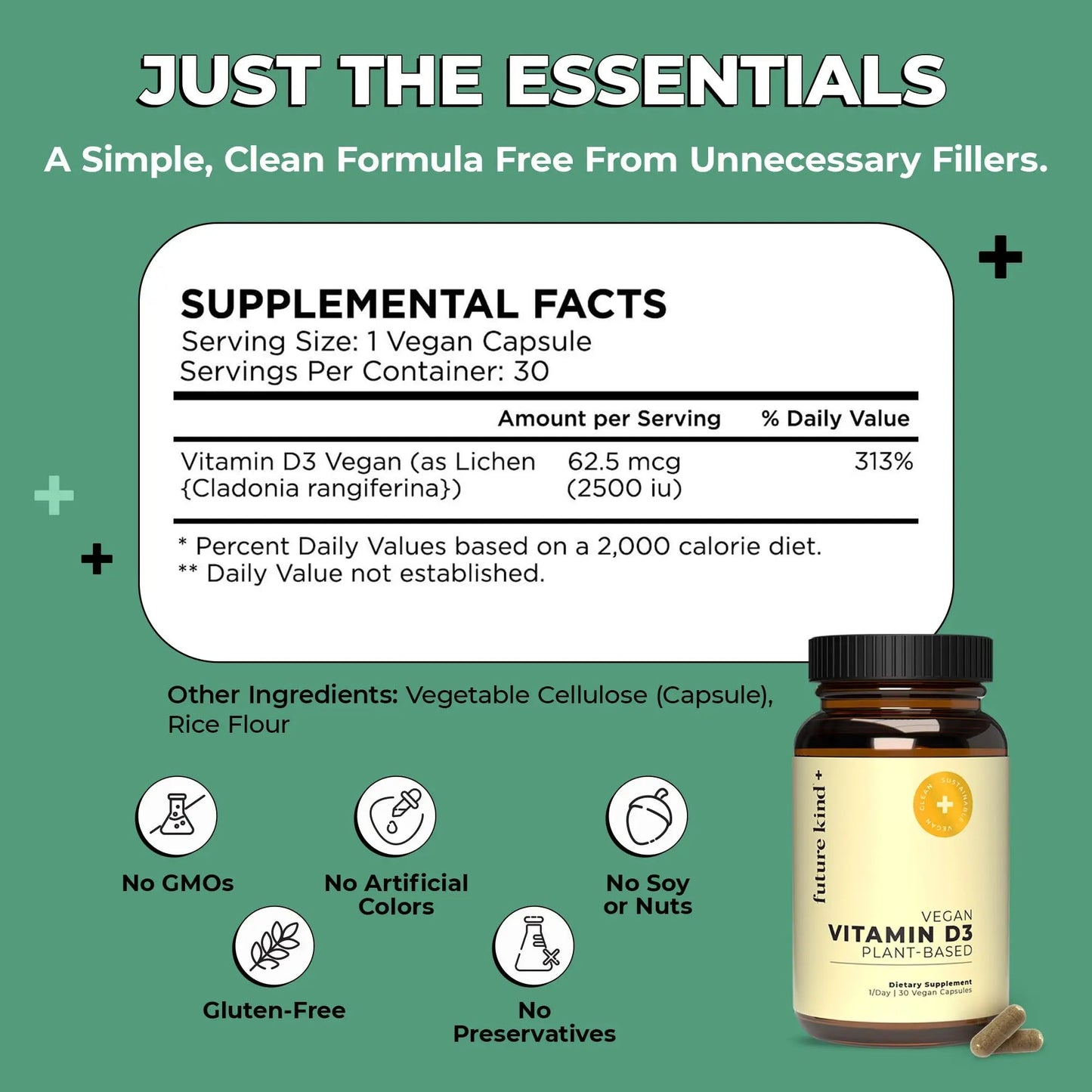 Future Kind Vitamin D3 2500 IU for Bone and Muscle Function, Vitamin D Vegan Supplement from Plant Lichen, Non-GMO, Sugar Free, Pure Vitamin D3, Promotes Natural Resilience, 30 Capsules Future Kind buy supplements Au