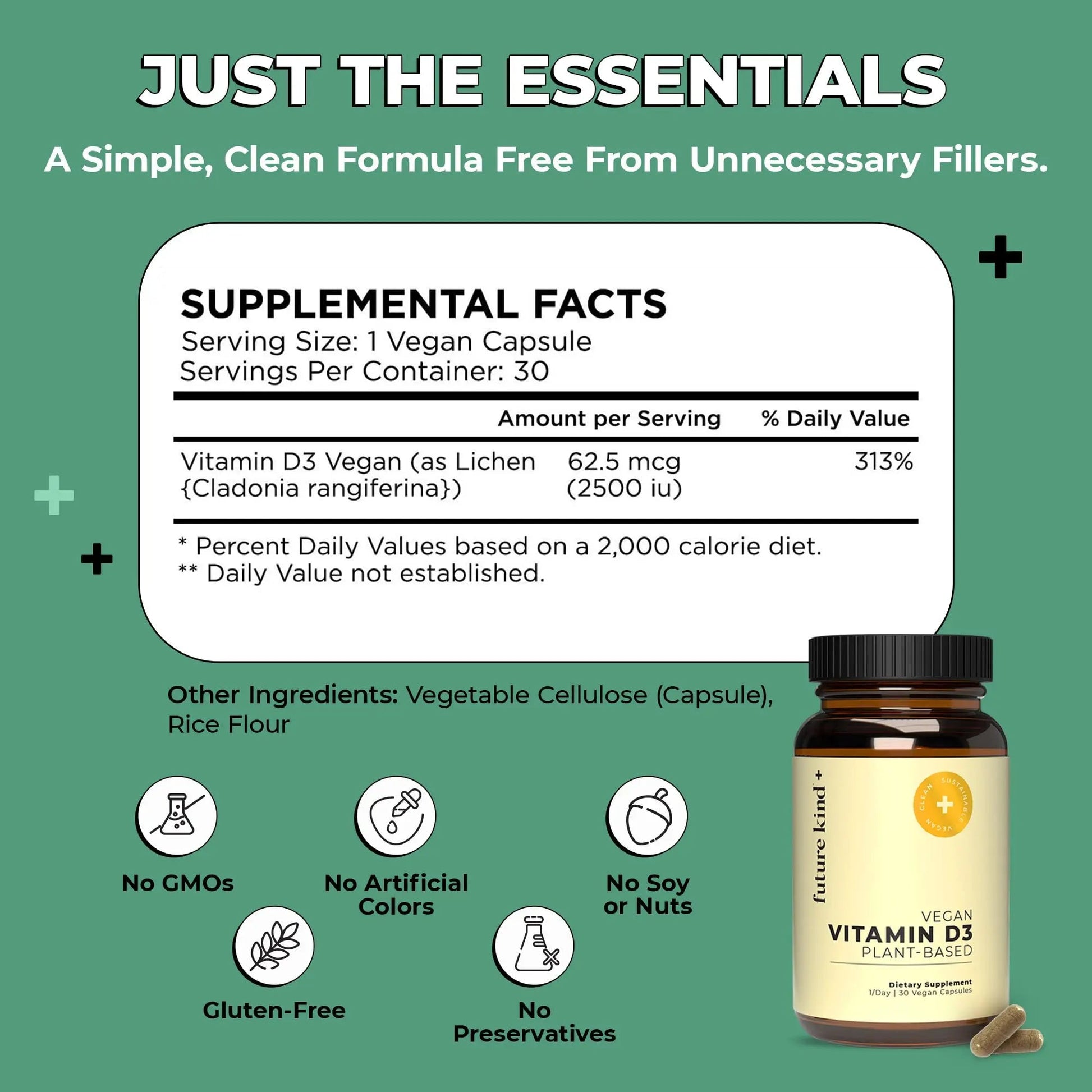Future Kind Vitamin D3 2500 IU for Bone and Muscle Function, Vitamin D Vegan Supplement from Plant Lichen, Non-GMO, Sugar Free, Pure Vitamin D3, Promotes Natural Resilience, 30 Capsules Future Kind buy supplements Au