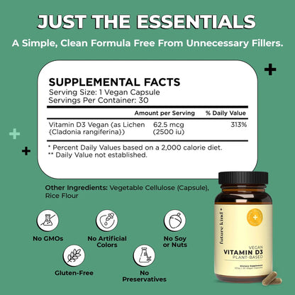 Future Kind Vitamin D3 2500 IU for Bone and Muscle Function, Vitamin D Vegan Supplement from Plant Lichen, Non-GMO, Sugar Free, Pure Vitamin D3, Promotes Natural Resilience, 30 Capsules Future Kind buy supplements Au