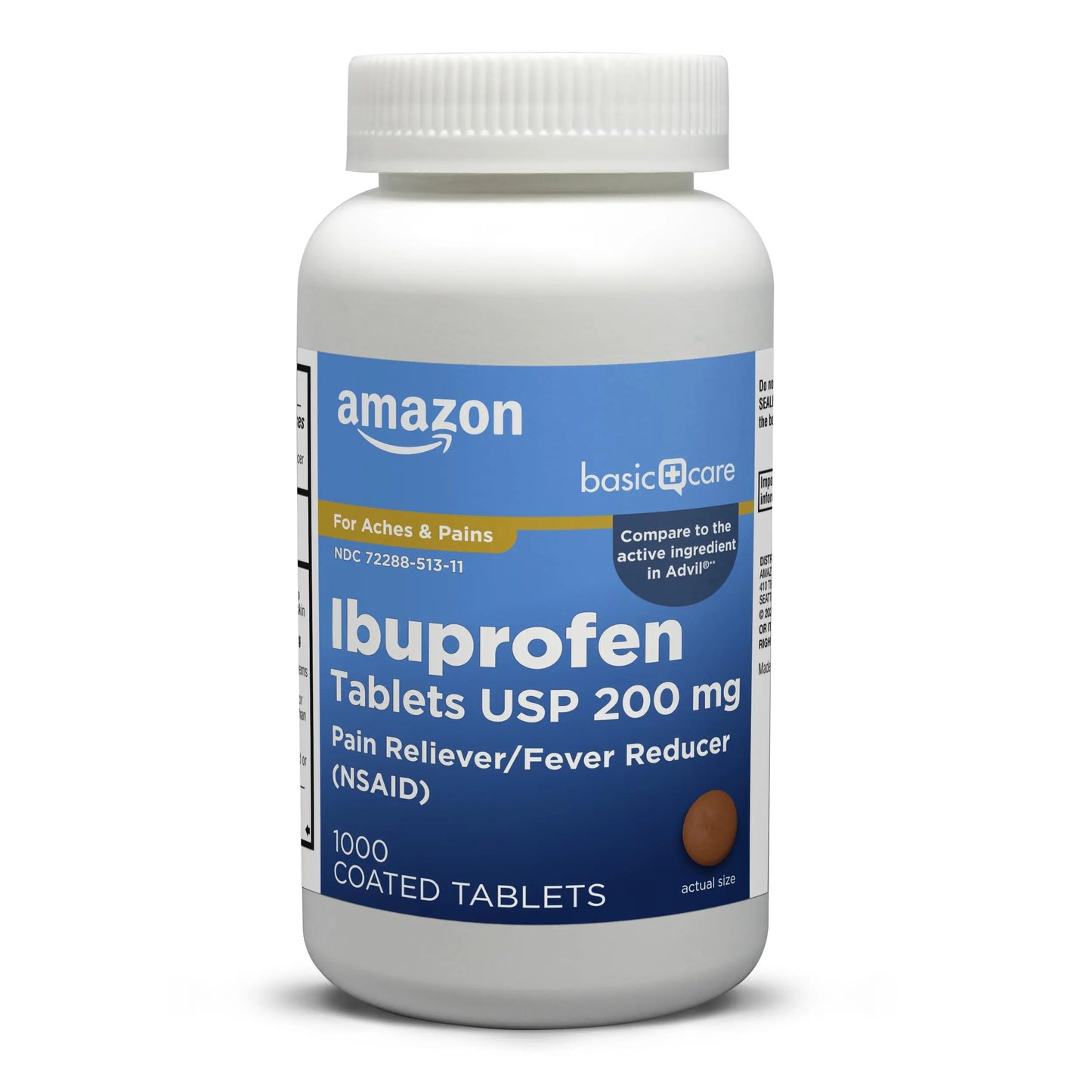 Amazon Basic Care Ibuprofen Tablets bottle on a white background